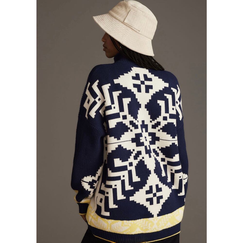 Anthropologie Maeve Blue Striped Aztec Fair Isle Zip Cardigan Sweater XS